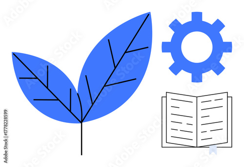 Blue leaf, gear, and open book combine to represent growth, innovation, knowledge, and eco-conscious progress. Ideal for education, environment, technology sustainability research teamwork