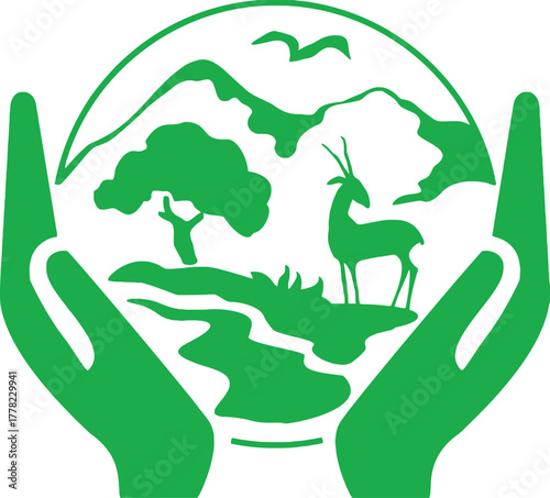 Hands Holding Earth Landscape Conservation Logo, Green Eco Symbol with Deer Tree Mountain and River