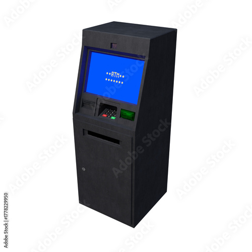 A detailed 3D rendering of a modern ATM machine with a blue digital screen, keypad, and card slot. The realistic hard-surface model represents banking, finance, money withdrawal, and transaction.