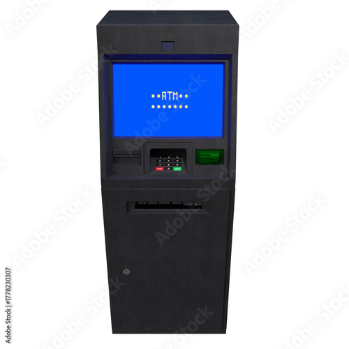 A detailed 3D rendering of a modern ATM machine with a blue digital screen, keypad, and card slot. The realistic hard-surface model represents banking, finance, money withdrawal, and transaction.