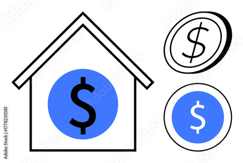 House outline with dollar sign inside, two coins with dollar signs. Ideal for real estate, home loans, property investment, housing market, mortgage, finance savings. Simple flat metaphor