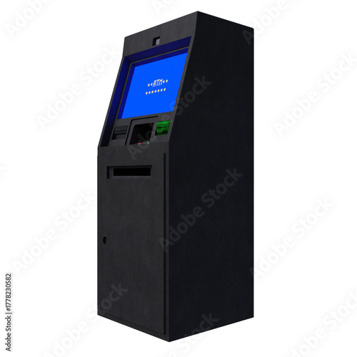 A detailed 3D rendering of a modern ATM machine with a blue digital screen, keypad, and card slot. The realistic hard-surface model represents banking, finance, money withdrawal, and transaction.