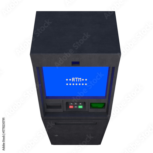 A detailed 3D rendering of a modern ATM machine with a blue digital screen, keypad, and card slot. The realistic hard-surface model represents banking, finance, money withdrawal, and transaction.