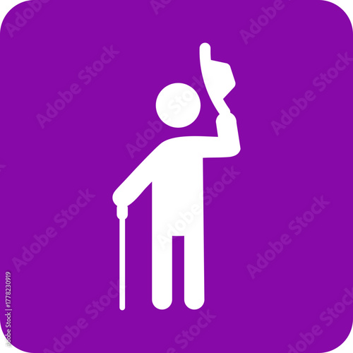 White silhouette of a person tipping a hat and holding a cane on a purple square background