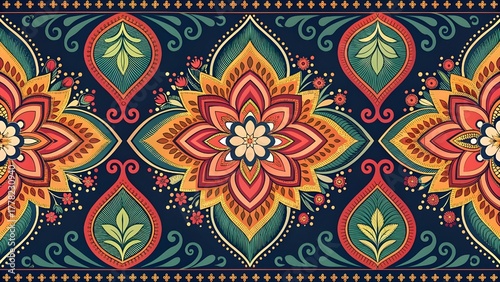 Vibrant floral pattern with rich warm colors, perfect for adding a touch of bohemian charm to your designs or creating eye-catching textiles and backgrounds