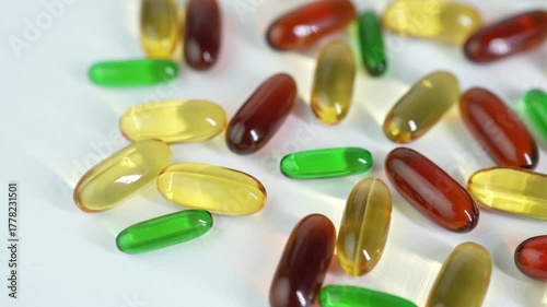 capsules mix softgel of food supplements, fish oil, omega 3, vitamin E, oval gelatin capsules