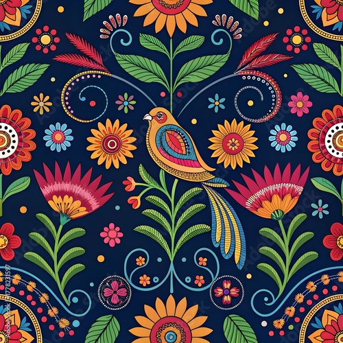 Vibrant folk art pattern featuring a colorful bird perched among whimsical flowers and leaves, perfect for eye-catching textiles or cheerful backgrounds