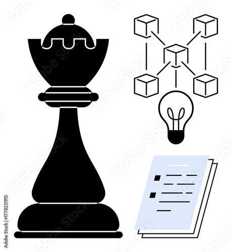 Black chess piece beside blockchain network diagram, light bulb, and documents with checklists. Ideal for strategy, innovation, decision-making, leadership, planning blockchain creativity. Simple