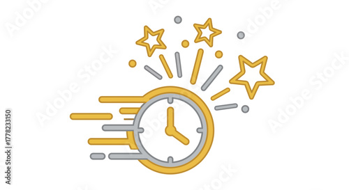 Dynamic clock with speed streaks and shining stars, symbolizing efficient time, swift progress, and celebratory achievement