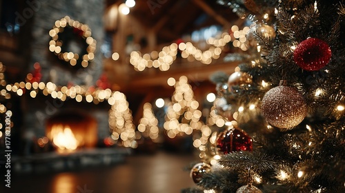 Decorated christmas tree with ornaments and lights in a cozy room with fireplace.