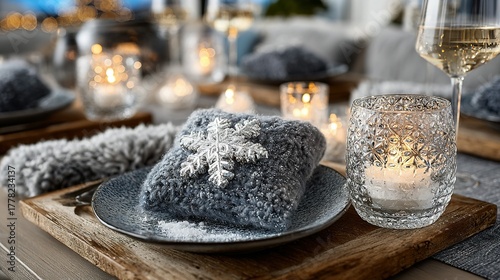 Winter themed table setting with candles glasses plates and snowflake decorations.