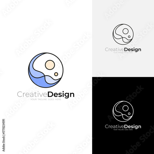 wave element logo in circle shape with linear line art design style