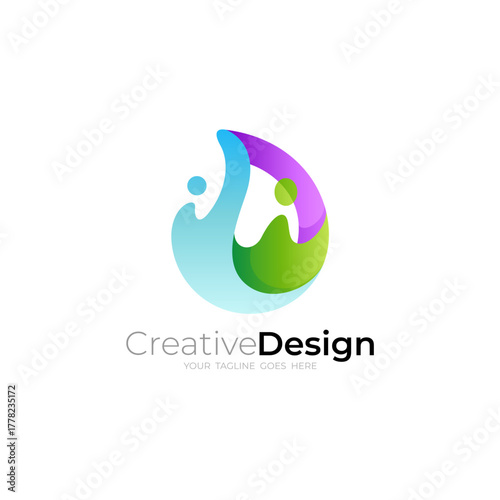 Water drop logo with splash effect in colorful gradient 3d design style