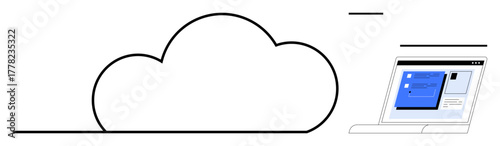 Cloud outline next to laptop screen displaying digital interface, symbolizing data storage, transfer, and web connectivity. Ideal for cloud computing, technology, software, data sharing, innovation