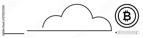 Cloud outline with pencil and Bitcoin, emphasizing digital storage, blockchain, creativity, and innovation. Ideal for finance, tech, cloud computing, creativity cryptocurrency innovation modern