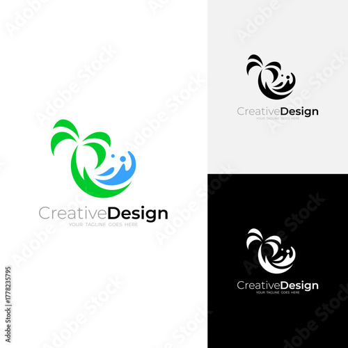 palm tree and summer waves logo in flat design style