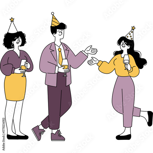 Fotografija Three diverse adults wearing party hats and holding champagne glasses celebrate