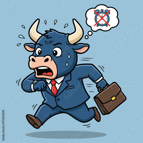 Panicked Bull Businessman Rushing Against Time