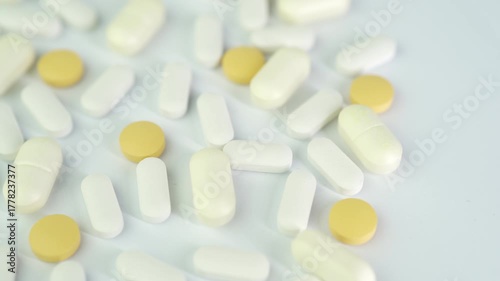 Assorted colorful pills and capsules, vitamin food supplements drugs Medicine softgel medical