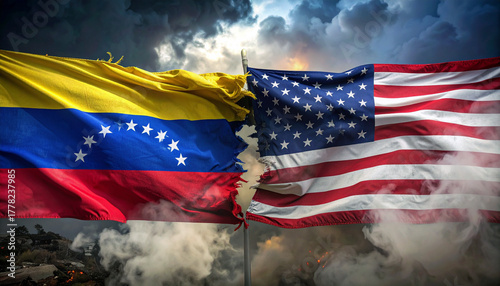 Torn Venezuelan and American flags symbolize political tension and global conflict amid smoke and dramatic skies, conveying a powerful message of division