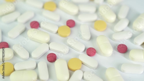 Assorted colorful pills and capsules, vitamin food supplements drugs Medicine softgel medical