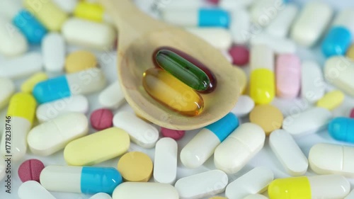 Assorted colorful pills and capsules, vitamin food supplements drugs Medicine softgel medical