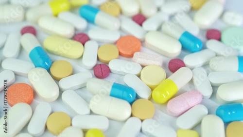Assorted colorful pills and capsules, vitamin food supplements drugs Medicine softgel medical