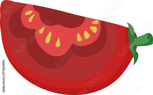 Vibrant Red Tomato Slice with Seeds and Green Stem. Fresh Vegetable Vector Illustration.