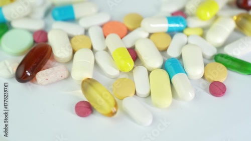 Assorted colorful pills and capsules, vitamin food supplements drugs Medicine softgel medical
