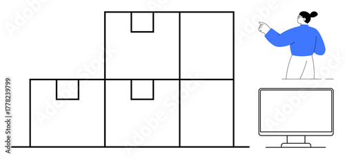 Stacked boxes arranged neatly, a person gesturing, and a computer screen. Ideal for logistics, supply chain, inventory, teamwork, organization coordination digital tools. Simple flat metaphor