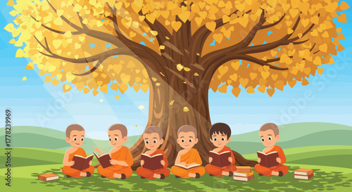 serene illustration of young Buddhist novice monks reading and studying together under a large golden Bodhi tree