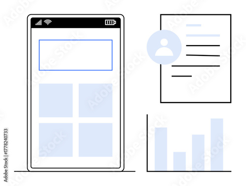 Smartphone interface, user profile with document and bar chart. Ideal for technology, data management, analytics, mobile apps, workplace tools, user interface and communication. Simple flat metaphor