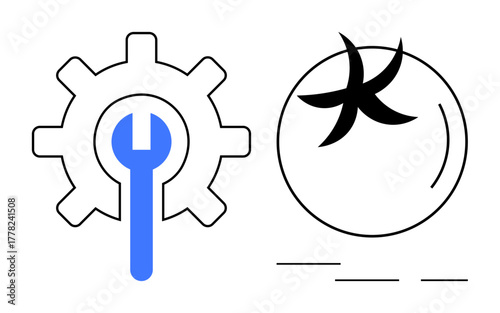 Gear and wrench symbol represent engineering solutions while a circular tomato conveys agriculture. Ideal for innovation, repair, growth, sustainability, food technology, production, teamwork. Simple