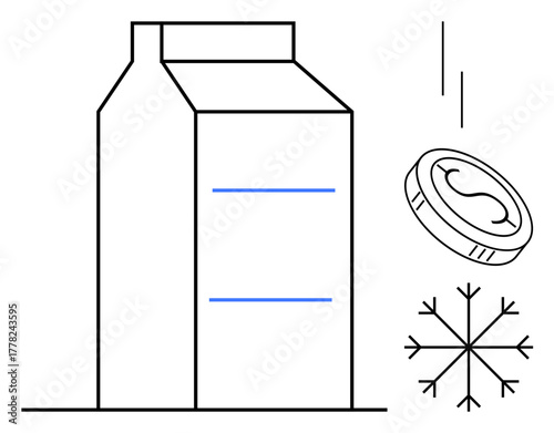 Milk carton with falling coin and snowflake illustrating cost, freshness, sustainability, and refrigeration. Ideal for economics, food industry, dairy, sustainability, savings storage and minimal
