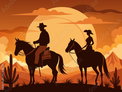 cowboy horse riding on the desert sunset vibes