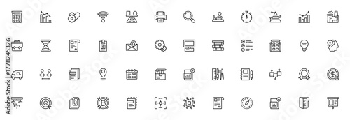 Business vector icon set. Minimal outline icons packincluding calculator, diagam, heart, signal, balance search, money, target, coputer, tools and more. Ediable stroke.
