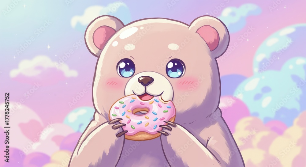Fototapeta premium Donut Delight: A charming, cartoonish bear finds pure delight in devouring a sweet, frosted donut, its eyes sparkling with joy amid a whimsical, dreamy landscape.