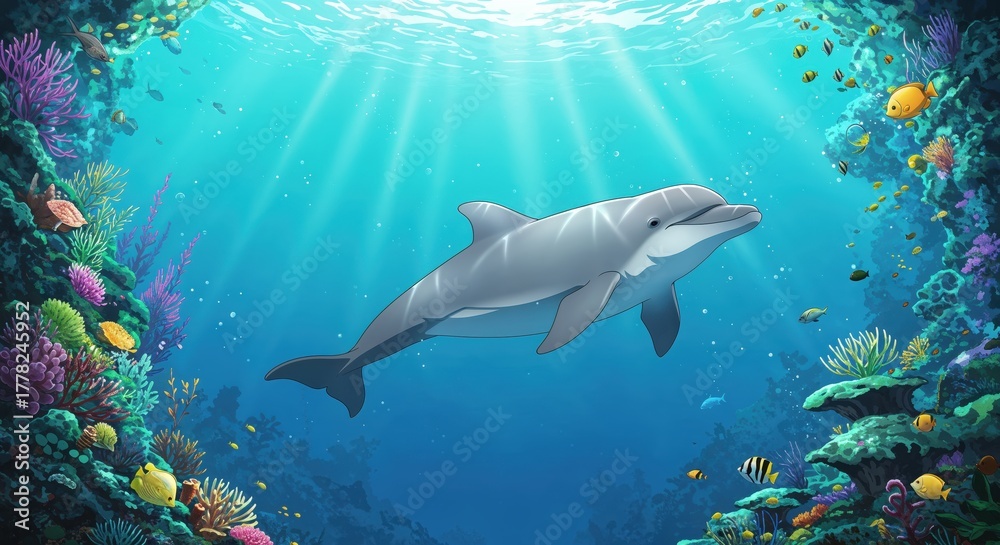 Naklejka premium Underwater Harmony: A captivating marine vista unfolds, showcasing a graceful dolphin gliding through crystal-clear waters, framed by vibrant coral reefs, and dappled with sunlight.