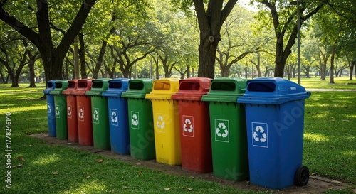 Environmental Harmony: A colorful row of recycling bins stands in a serene park setting, embodying a commitment to conservation and waste management.