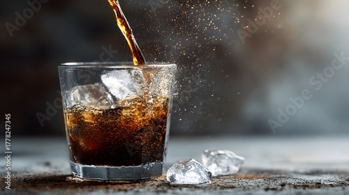 cola soda pouring into glass with ice cube