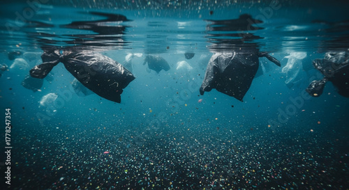 Plastic and micro pollution visible under water with floating trash bag and tiny particles creating gloomy marine scene that evokes concern for ocean life