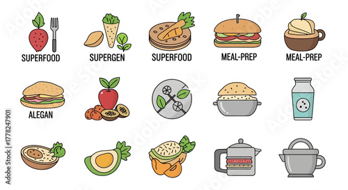 Healthy Food and Vegan Meal Prep Icon Set