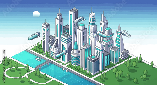 Isomeric Minimalist Futuristic Cityscape Vector
