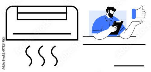 Air conditioner emitting cool air, technician holding tablet, thumbs-up gesture. Ideal for technology, comfort, energy efficiency, maintenance, climate control feedback service. Simple flat