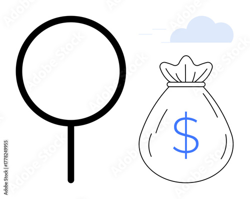 Magnifying glass near money bag with dollar sign and cloud in background. Ideal for finance, auditing, business analysis, fraud detection, savings, economic growth, budgeting. Simple flat metaphor