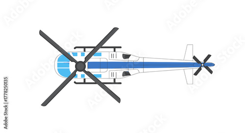 Modern blue and white helicopter aerial view for transportation themes, perfect for travel agencies and aviation designs seeking a clean, powerful look