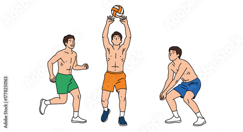 Summer fun playing volleyball on the beach with friends, perfect for advertising fitness programs, active lifestyle campaigns, or summer vacation promotions