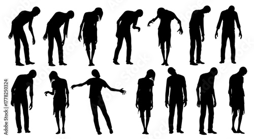 Spooky zombie silhouettes shuffle menacingly, perfect for Halloween and horror themes, creating an eerie, undead atmosphere.