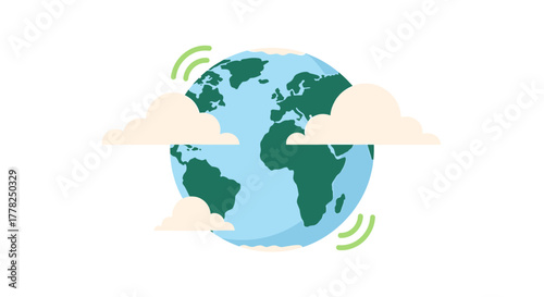 Global connectivity concept with a vibrant earth surrounded by soft clouds and subtle signal waves, symbolizing worldwide communication and networks.