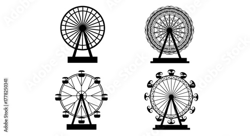 Discover diverse Ferris wheel designs, from classic silhouettes to ornate patterns, perfect for carnival, amusement, or travel themes.